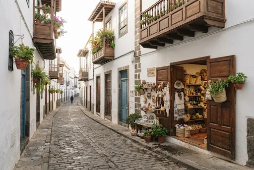 Calle empedrada de casco histórico canario con una tienda de producto local