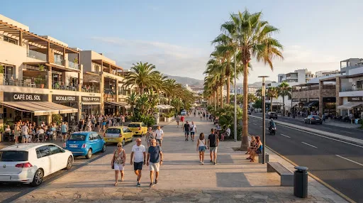 Avenida comercial ancha del sur de Gran Canaria con locales a pie de calle