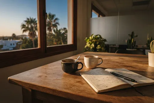 Mesa con dos cafés y un cuaderno de notas junto a una ventana
